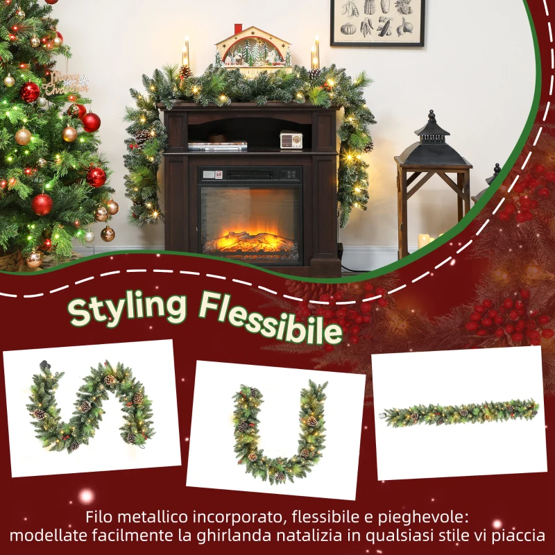 HOMCOM Ghirlanda Natalizia 180 cm con Rami Innevati e 30 Luci Bianche, Pigne e Bacche per Interni