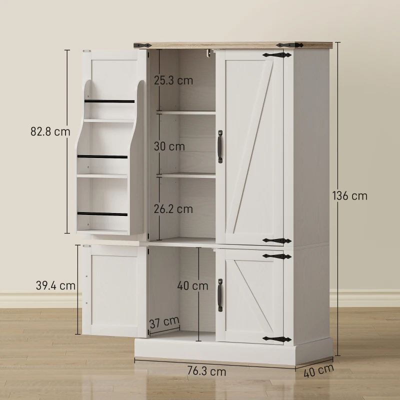 HOMCOM Buffet da cucina, con 4 ante, 6 portaspezie e ripiani regolabili, 76,3 x 40 x 136 cm, bianco