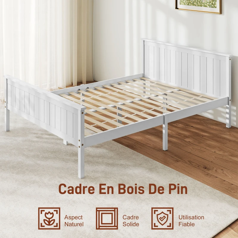 HOMCOM Cadre de lit 140 x 200 cm, lit simple en bois massif avec sommier à lattes tête et pied inclus, assemblage facile, blanc