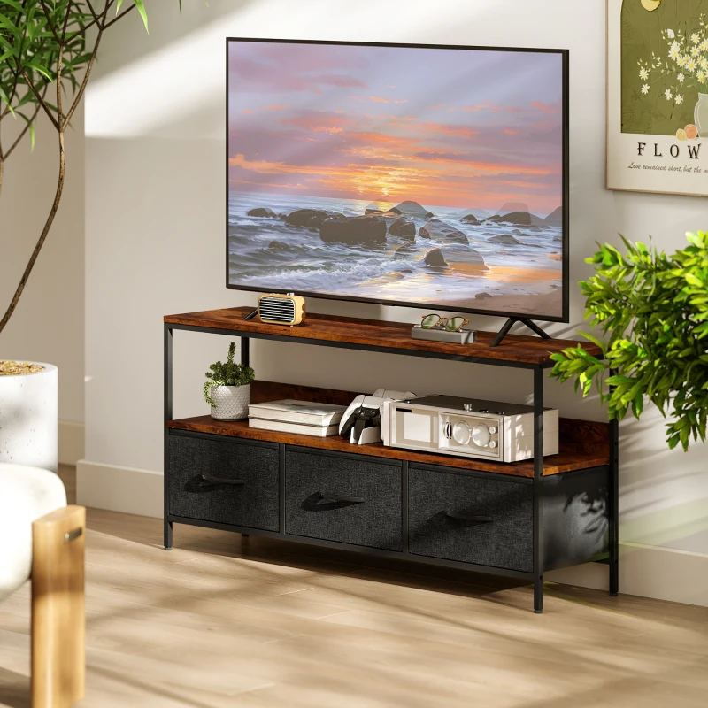 HOMCOM Meuble TV, meuble télé pour téléviseur jusqu'à 55 pouces avec 3 tiroirs et pieds en acier 120 x 29 x 56 cm brun rustique