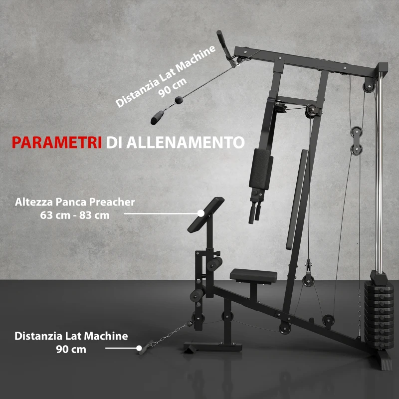 HOMCOM Stazione Fitness Multifunzione per Allenamento a Casa e Professionale in Acciaio, 148x108x207 cm, Nero