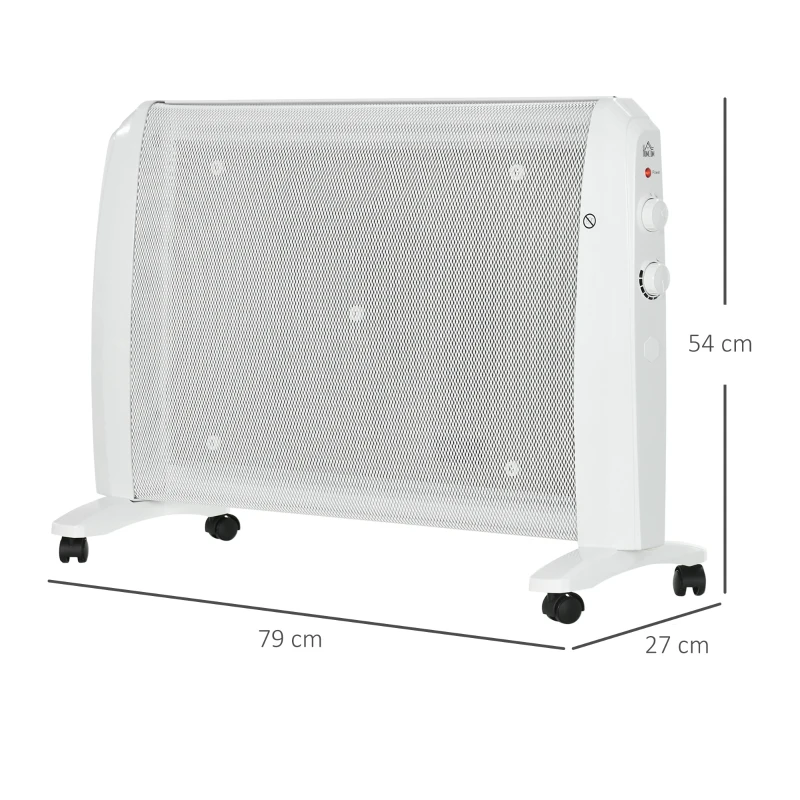 HOMCOM Încălzitor Electric 1000W/2000W Radiator din Mica cu 2 Niveluri de Putere pentru 15-20m² 79x27x54 cm Alb