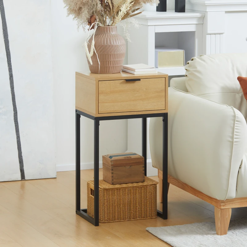 HOMCOM Măsuță auxiliară cu sertar Măsuță auxiliară modernă cu picioare din oțel pentru hol, living 40x30x76cm Natural