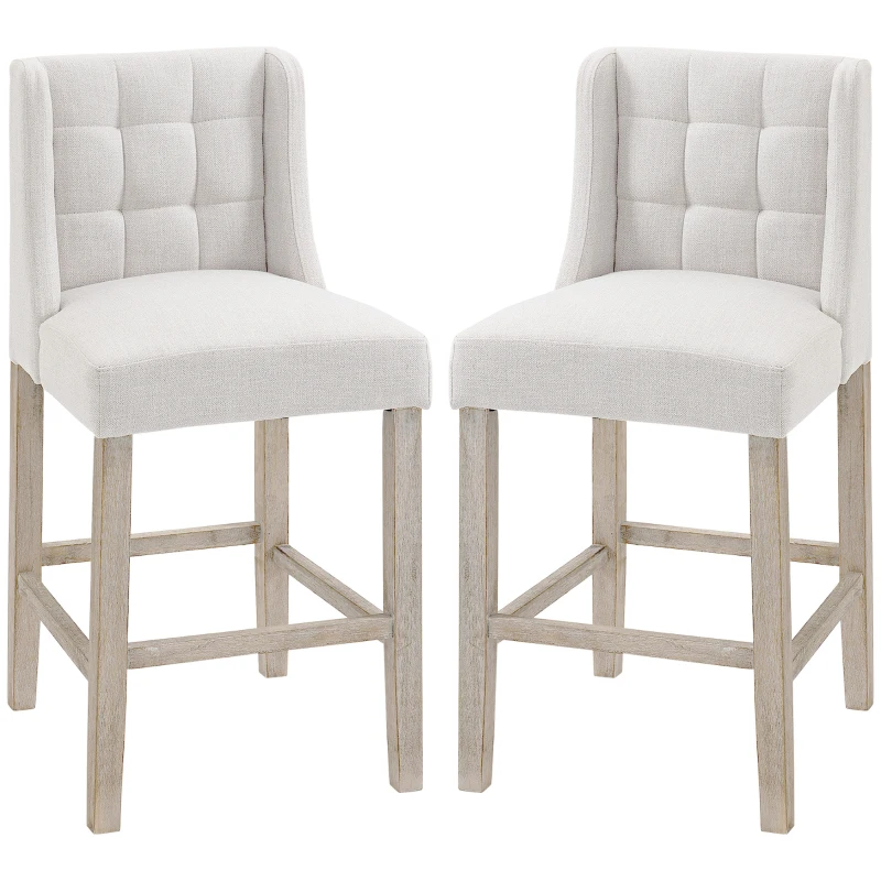 HOMCOM Set di 2 Sgabelli da Bar Moderne, Sedie da Cucina, Sgabelli da Bar per Cucina con Schienale Basso, in Tessuto Effetto Lino, Gambe in Legno della Gomma, 47 x 50 x 101 cm, Beige