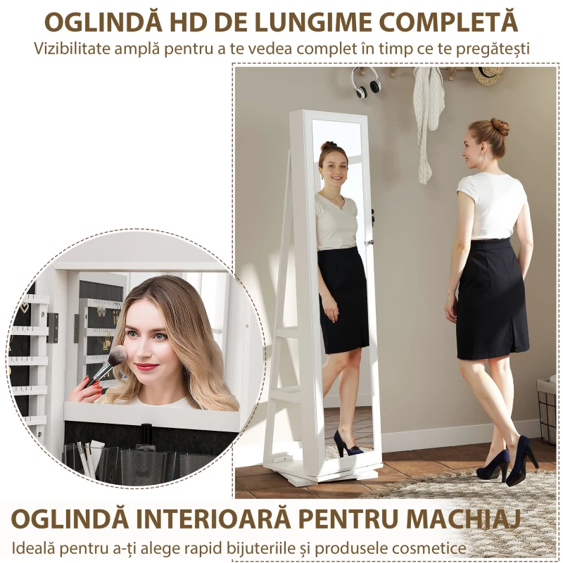 HOMCOM Oglindă Suport pentru Bijuterii, Oglindă de podea Pivotantă Modernă pentru Dormitor, 38x38x160 cm, Alb