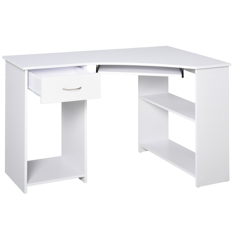 HOMCOM L-Shaped Corner Computer Desk w/ 2 Shelves Wide Worktop Keyboard Tray Drawer & CPU Stand Home Office Study Bedroom Furniture White