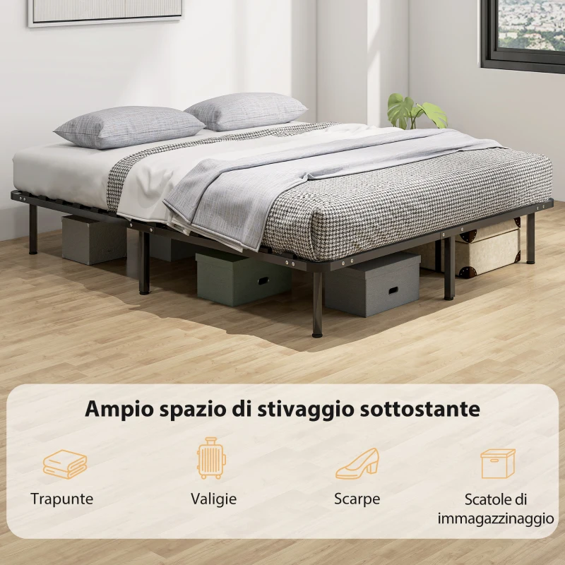 HOMCOM Letto Matrimoniale Industriale a 28 Doghe con Spazio Contenitore, in Legno e Acciaio, 190x160x31 cm, Nero e Legno