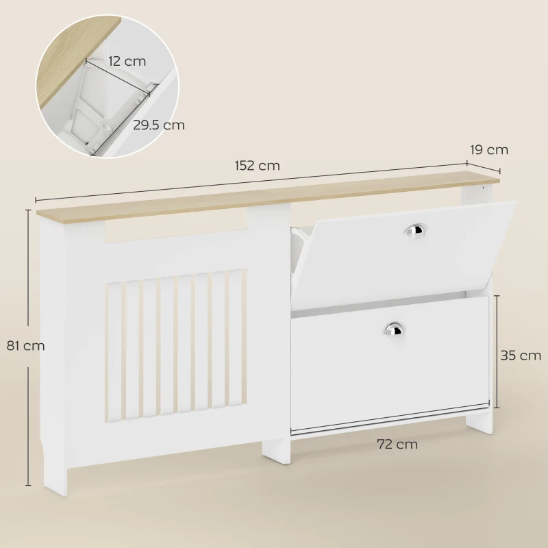 HOMCOM Husă pentru calorifer cu suport pentru pantofi Capac pentru calorifer cu 2 sertare rabatabile 152x19x81 cm Alb