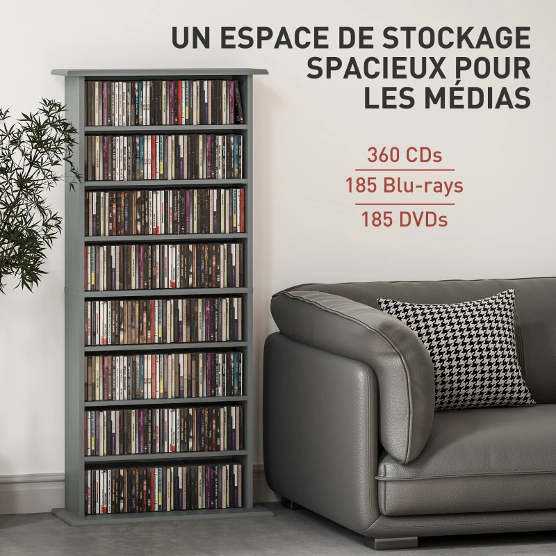 HOMCOM Rangements pour CD et DVD avec 8 compartiments et 6 étagères réglables, capacité max. 360 CD/185 DVD et Blu-ray, gris