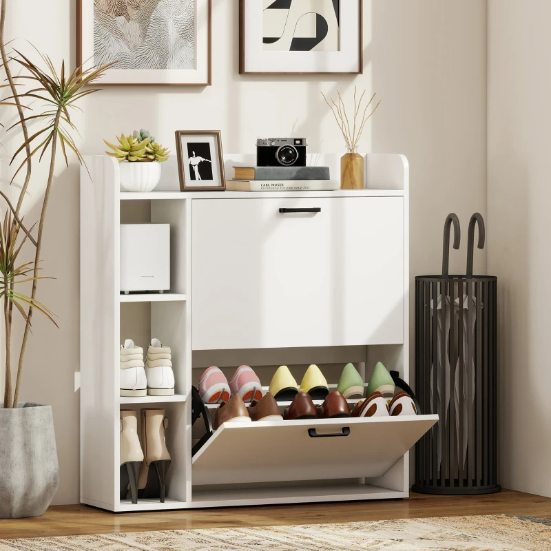 HOMCOM Scarpiera Slim con 2 Cassetti Ribaltabili e 3 Vani Aperti, Capacità 15 Scarpe, 83x24x90.5 cm, Bianco