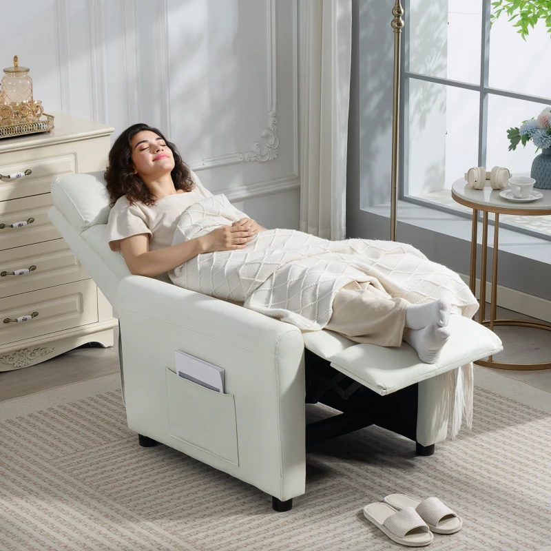 HOMCOM Poltrona Reclinabile 135° max in Tessuto Effetto Lino, Schiuma, Acciaio e Legno, 73x86x100 cm, Bianco Crema