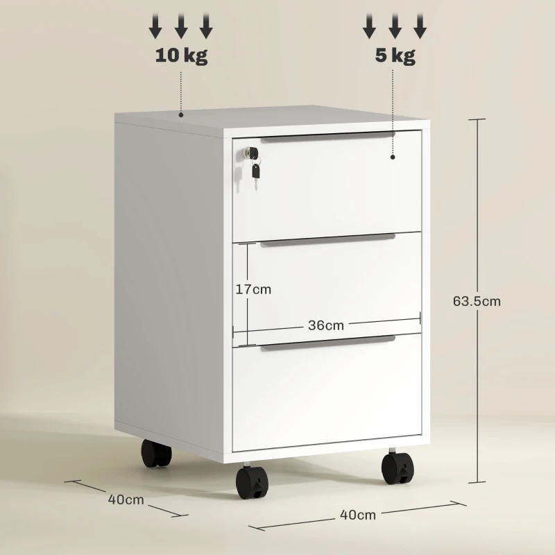 HOMCOM Corp pentru birou pe roți cu 3 sertare și încuietoare pentru dosare 40 x 40 x 63,5 cm alb