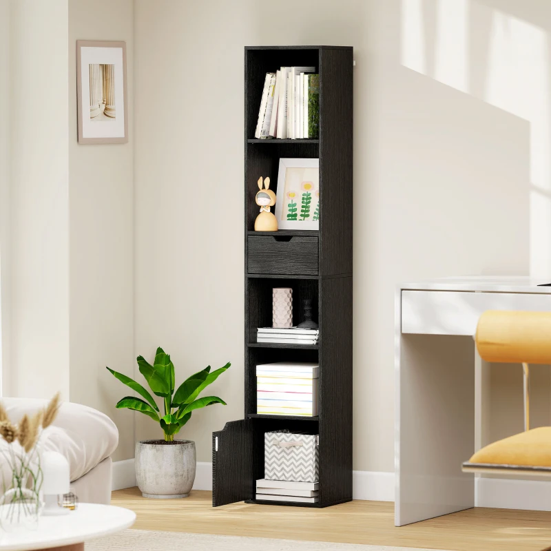 HOMCOM 6-Tier Bookcase, Tall Narrow Bookshelf with Drawer and Door - Black