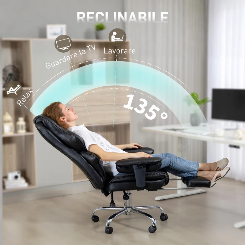HOMCOM Sedia da Ufficio con Poggiapiedi e Poggiatesta, in Pelle PU, Schiuma e Metallo, 76x73x117-125 cm, Nero
