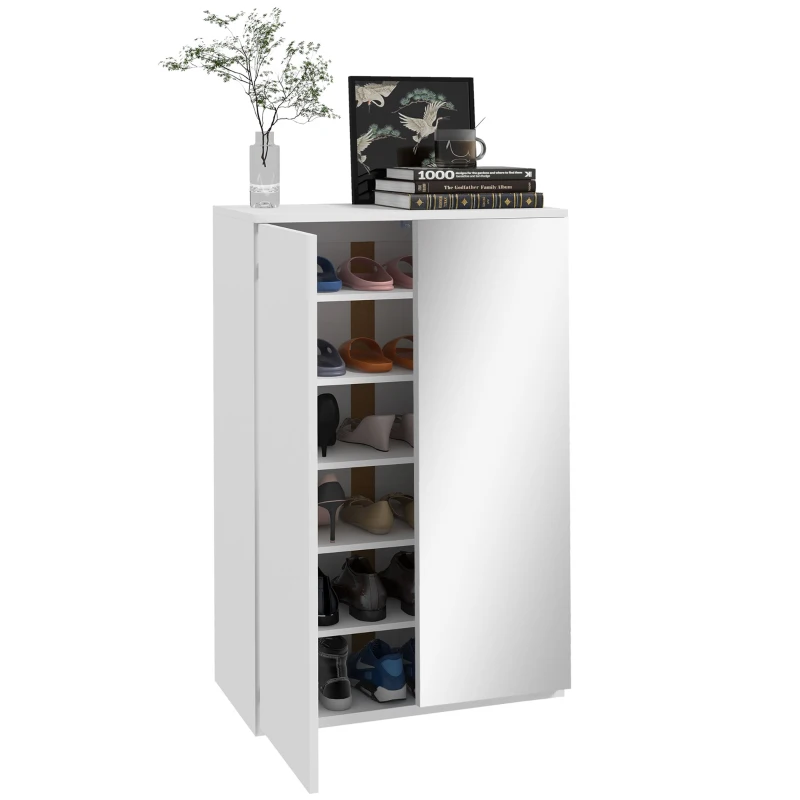 HOMCOM Dulap pentru pantofi cu oglindă pentru 18 perechi, 5 rafturi reglabile, pentru hol 60x32x95 cm Alb