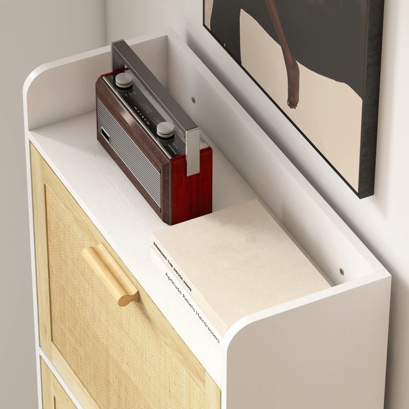 HOMCOM Dulap pentru pantofi 3 uși rabatabile etajeră efect rășină împletită design boem 65 x 24,5 x 153 cm alb