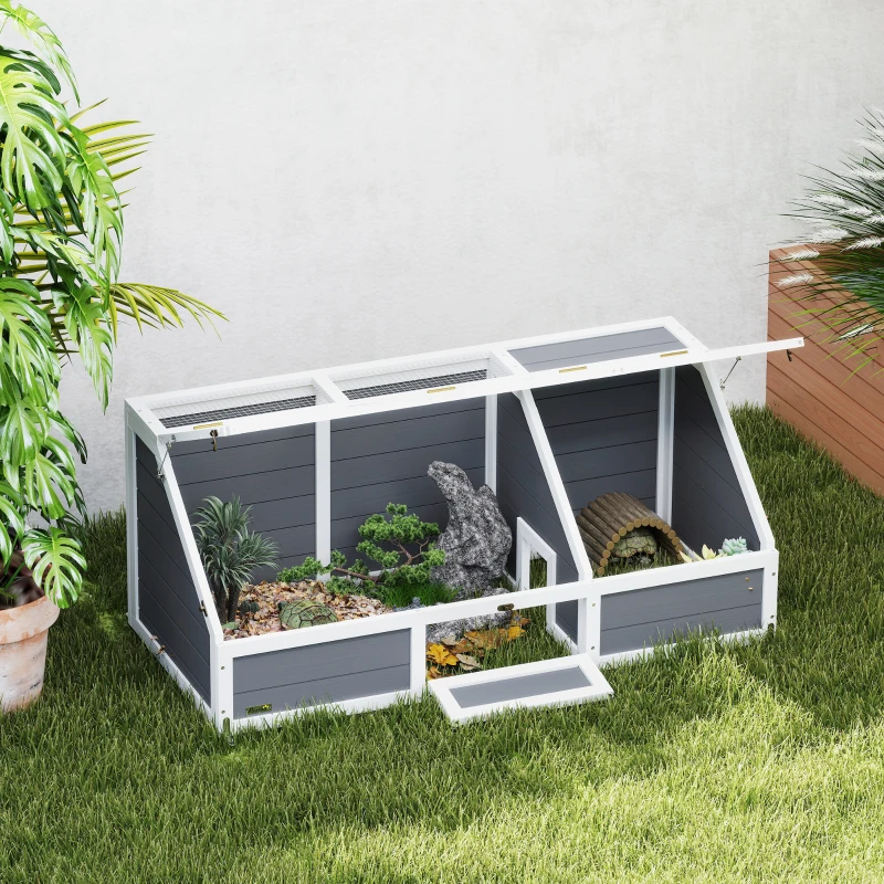 PawHut Casa para Tortugas de Madera sin Base con Tapas Abatible Puerta Frontal Abrible y Pestillos 120x55x50 cm Gris Claro