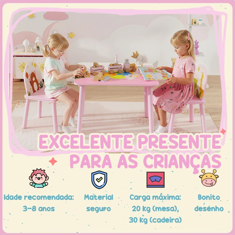 AIYAPLAY Mesa e Cadeiras para Crianças com Estampados de Animais para Meninos e Meninas de 3-8 Anos para Casa Escola Infantil Rosa