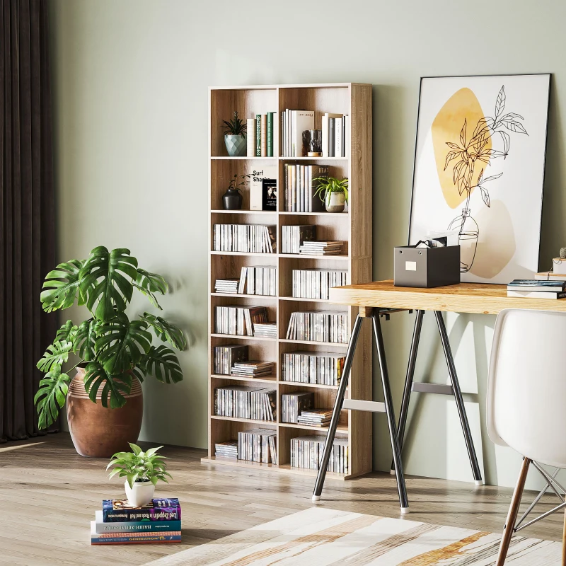 HOMCOM Contenitori per CD e DVD, 18 scomparti, capacità max. 640 CD/360 DVD 430 Blu-ray 78,5 x 24 x 175 cm Legno naturale