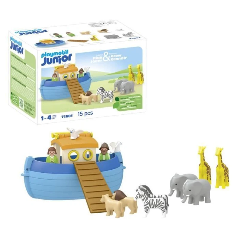PLAYMOBIL Junior 71681 Arche de Noé transportable, 15 pieces, Comprend un bateau flottant et animaux, Des 1 an