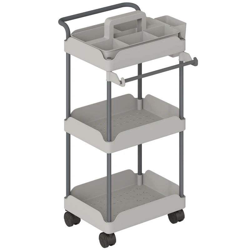 HOMCOM Chariot auxiliaire à roulettes 3 niveaux Chariot de cuisine avec paniers amovibles et support pour serviettes Gris