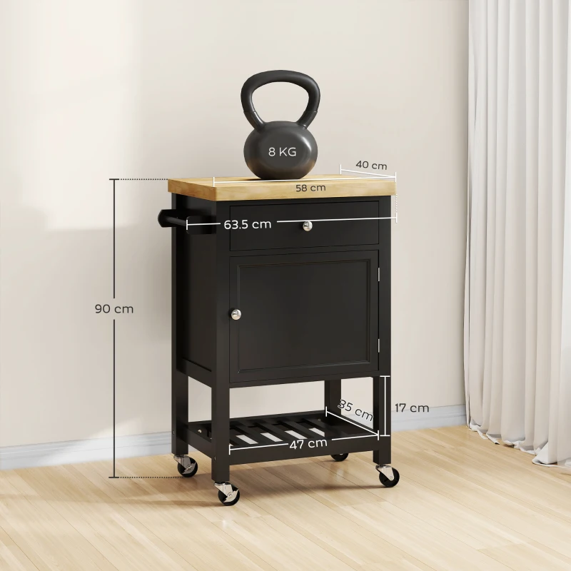 HOMCOM Servantă de bucătărie pe roți, cărucior de servire, blat din lemn de hevea, sertar, 63,5 x 40 x 90 cm, negru