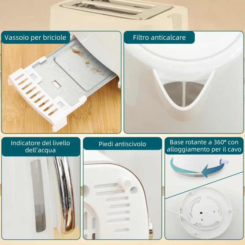 HOMCOM Set Bollitore Elettrico da 1.7L 2200W con Termostato e Tostapane Doppio con 7 Livelli di Doratura, Bianco