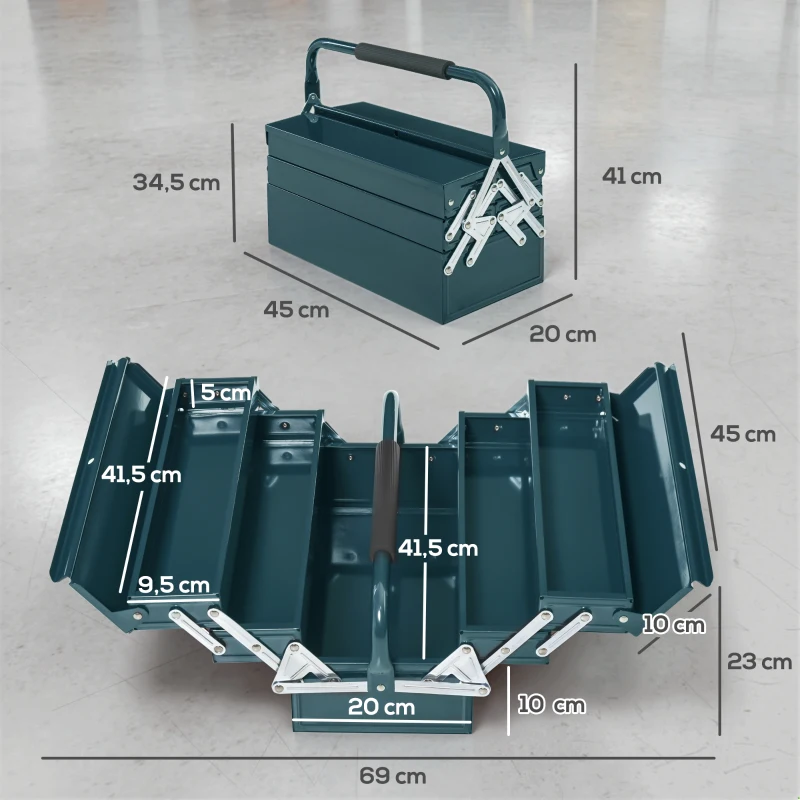 DURHAND Caixa de Ferramentas de Aço Dobrável com 5 Compartimentos Mala de Ferramentas com Pega para Oficina e Casa 45x20x34,5 cm Verde
