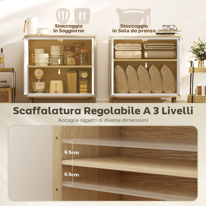 HOMCOM Credenza Moderna a 2 Ante con Ripiano Regolabile, 72x35x77 cm, Bianco Lucido e Rovere