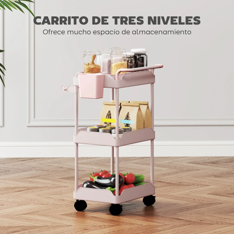 HOMCOM Carrito Auxiliar con Ruedas de 3 Niveles Carrito de Cocina con Cestas Extraíbles y Soporte para Toallas Rosa