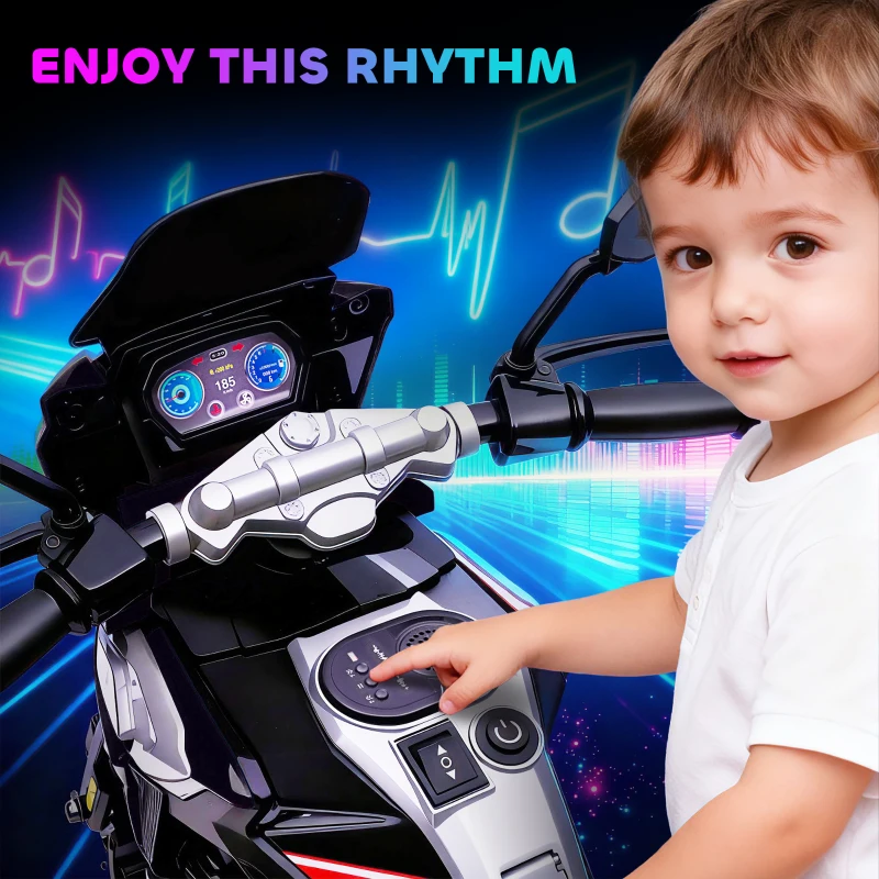 AIYAPLAY Elektryczny motocykl dla dzieci 18-36 miesięcy, pojazd do siadania, kółka pomocnicze, światła, muzyka, tworzywo sztuczne, stal, Schwarz