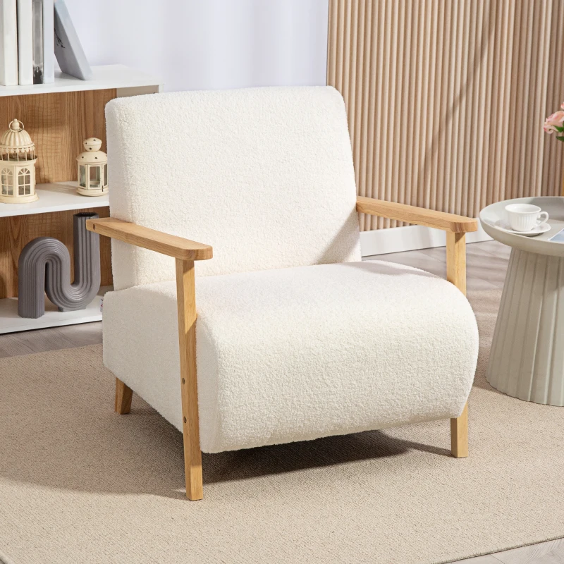 HOMCOM Fauteuil salon, tissu effet laine bouclée, structure en bois massif, pour salon, chambre à coucher, crème