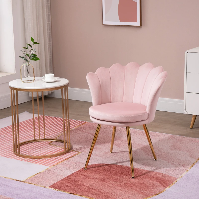 HOMCOM Fauteuil coquillage chaise coiffeuse fauteuil en velours avec pieds en métal doré pour salon chambre et salle à manger 67l x 64P x 77H cm rose poudré