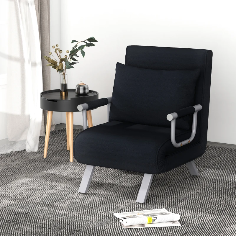 HOMCOM Fauteuil chauffeuse canapé-lit Convertible 1 Place déhoussable Grand Confort Coussin Pieds accoudoirs métal suède Noir