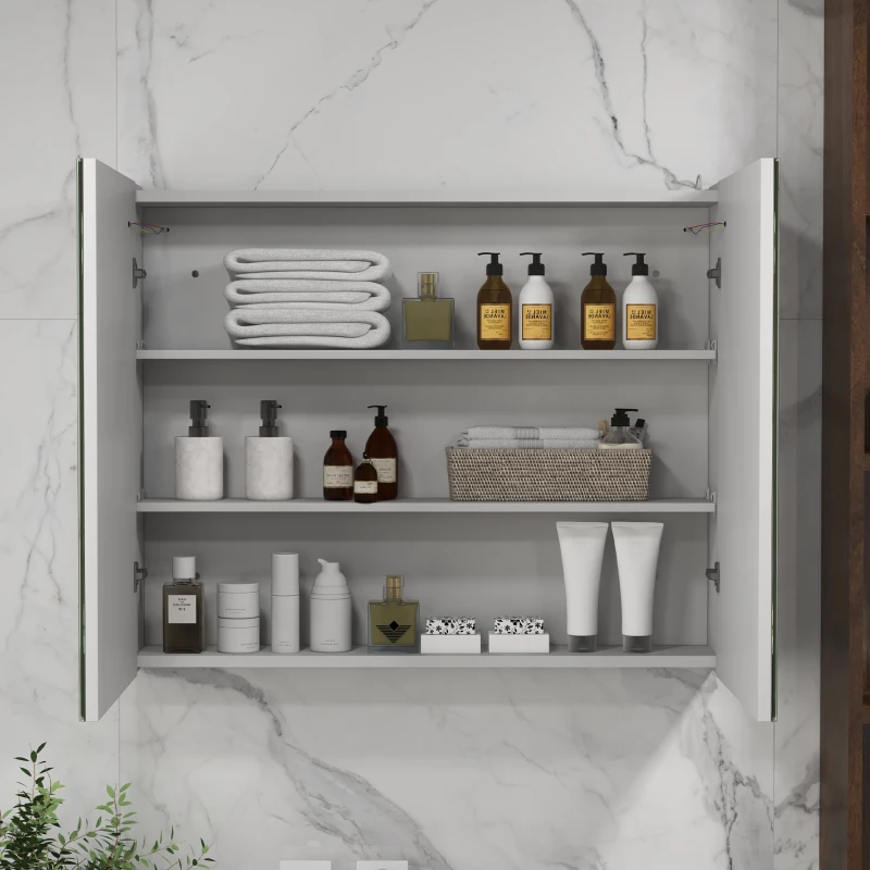 kleankin Mobile da Bagno con Specchio Ripiani Regolabili Interruttore Touch e Colore della Luce Regolabile 80x15x65 cm Bianco Lucido
