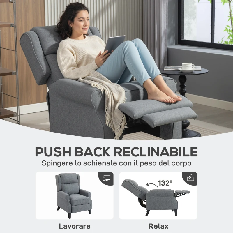 HOMCOM Poltrona Reclinabile 132° max in Tessuto Effetto Lino con Poggiapiedi, 74x84x102 cm, Grigio