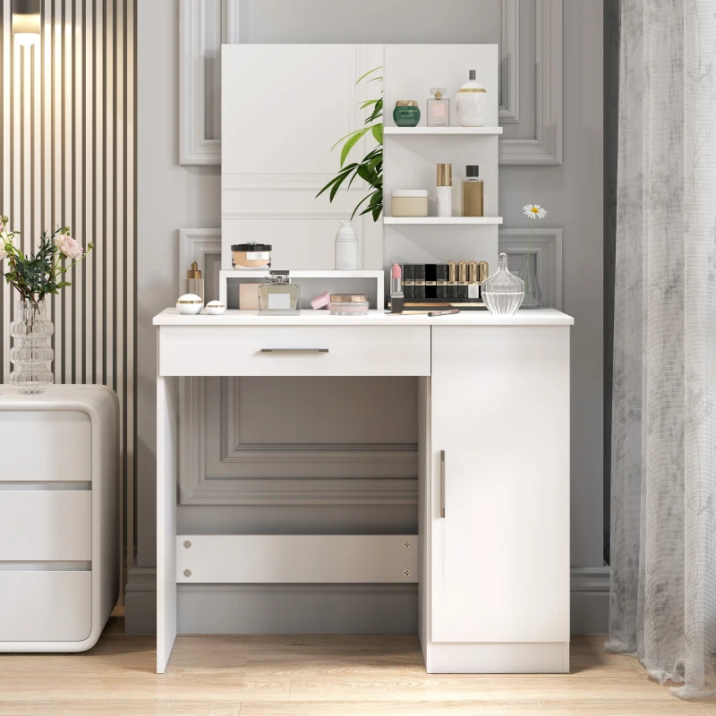 HOMCOM Toeletta da Camera con Armadietto, Cassetto, Specchio per Trucco e Ripiani Aperti, 90x38x138 cm, Bianco