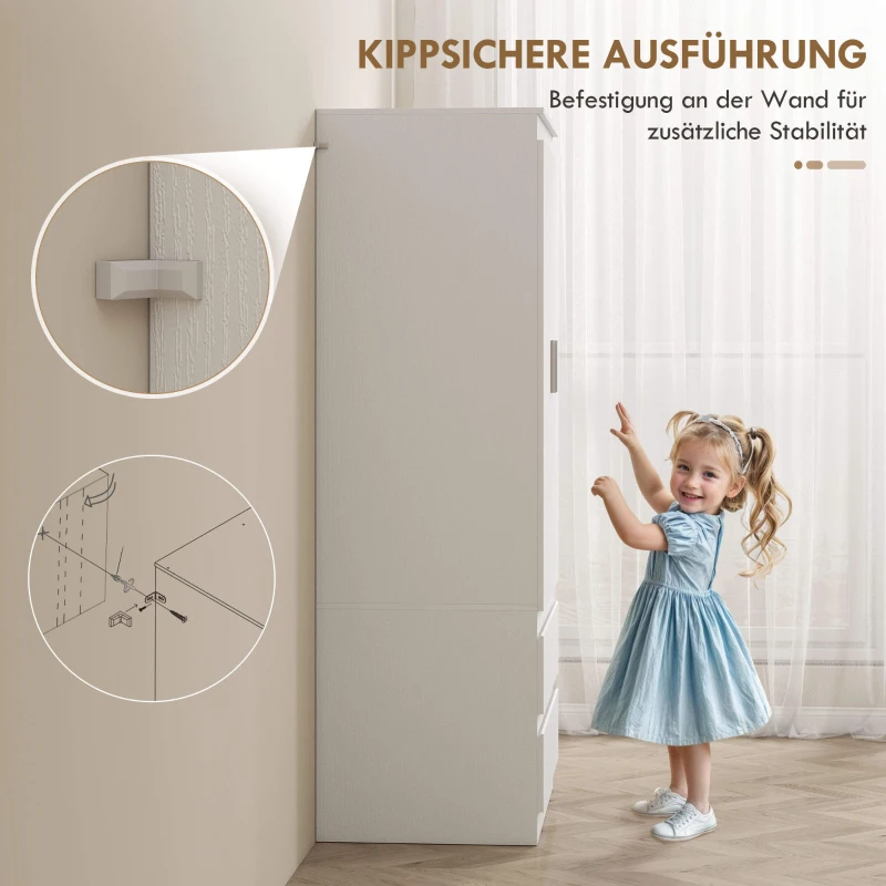 HOMCOM Schlafzimmer-Garderobe mit 2 Türen, 2 Schubladen, 3 Fächer, Holz, Weiß