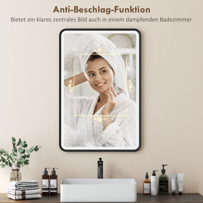 HOMCOM 90 x 60 cm LED-Badezimmerspiegel, Lichter, 3 Farben, dimmbar, Memory-Funktion, horizontal und vertikal, Schwarz