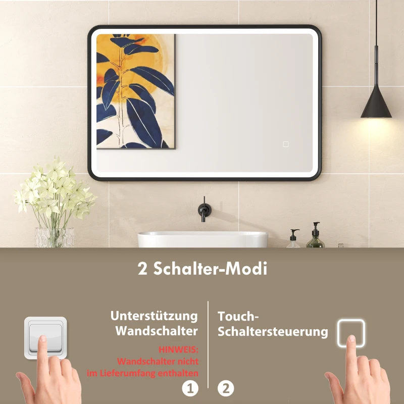 HOMCOM 90 x 60 cm LED-badkamerspiegel, verlichting, 3 kleuren, dimbaar, geheugenfunctie, horizontaal en verticaal, zwart