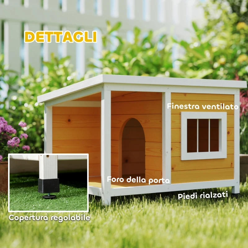 PawHut Cuccia per Cani da Esterno in Legno di Abete con Veranda Coperta e Tetto Inclinabile, 85.5x62x60 cm, Multicolore