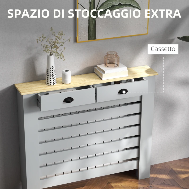 HOMCOM Copritermosifone in MDF a Doghe, Copricalorifero a Griglia con 2 Cassetti, 111x19x95.5 cm, Grigio