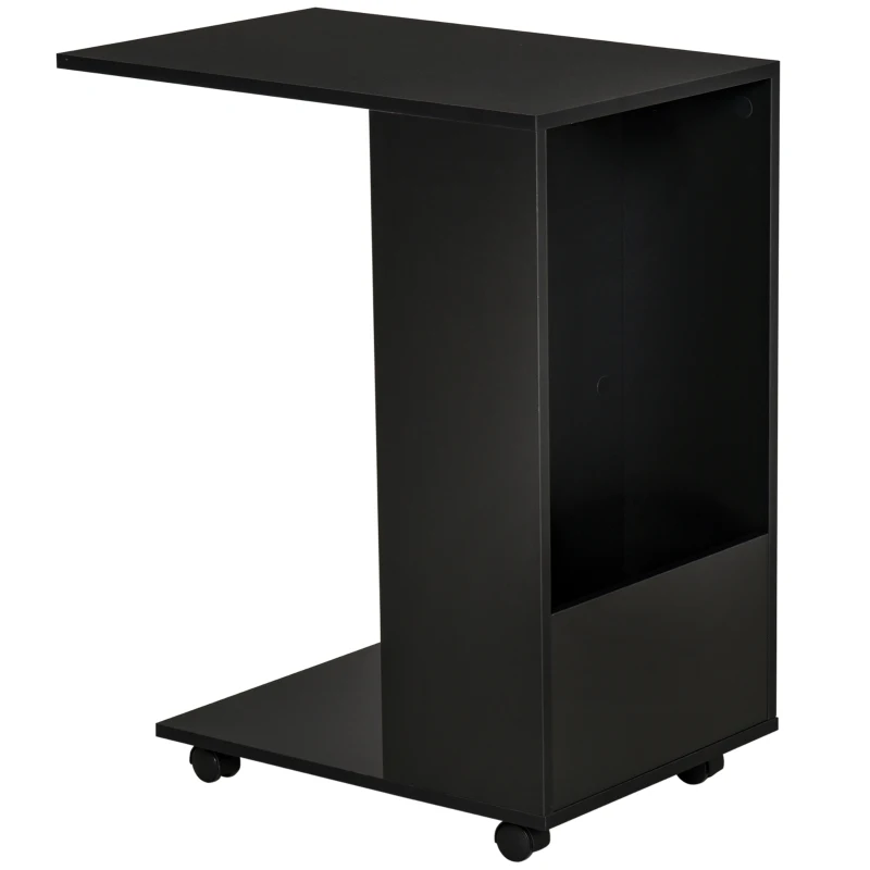 HOMCOM Mobile Sofa Side Table C-Shape End Table with Storage and Casters for Laptop Coffee Snack, Black