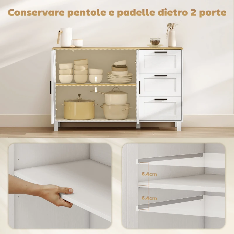 HOMCOM Mobile Cucina con 3 Cassetti e Armadietto 2 Ante Ammortizzate, Ripiani Regolabili, 120x38x76 cm, Bianco