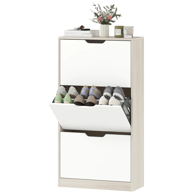 HOMCOM Schmaler Schuhschrank 3 Klapptüren Schuhschrank für Eingangsbereich für 18 Paar Schuhe 62,5x26x117,5 cm Eiche und Weiß