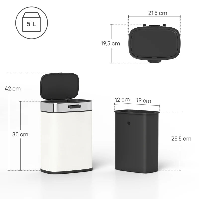 HOMCOM 5 L prullenbak, vrijstaand of hangend plaatsbaar, roestvrij staal, Cremewit