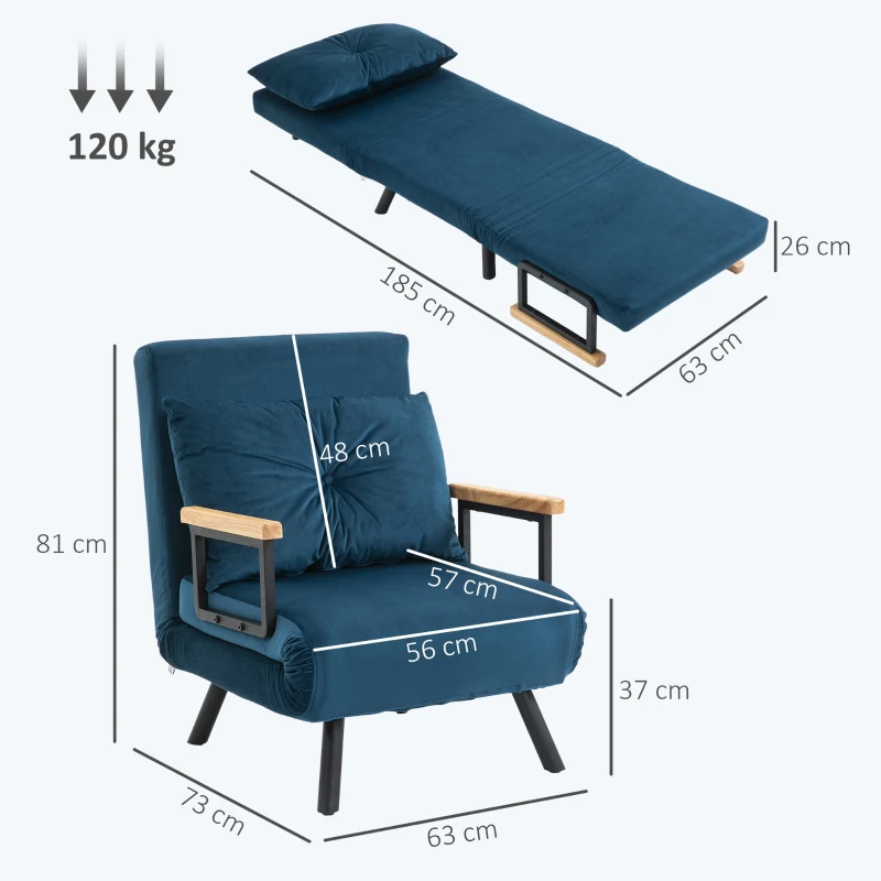 HOMCOM Sofá Cama Individual Plegable Silla Cama Convertible 4 en 1 Respaldo Ajustable de 5 Niveles y Almohada 63x73x81 cm Azul