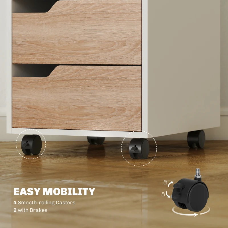 HOMCOM 3 Drawer Mobile File Cabinet, Vertical Filing Cabinet with Wheels for Home Office, Oak