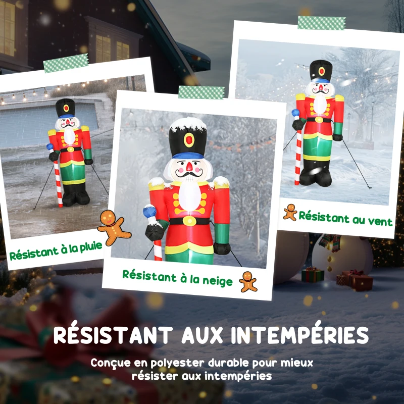 Outsunny Soldat casse-noisette gonflable de Noël 245 CM avec lumières LED et sceptre, intérieur et extérieur, multicolore