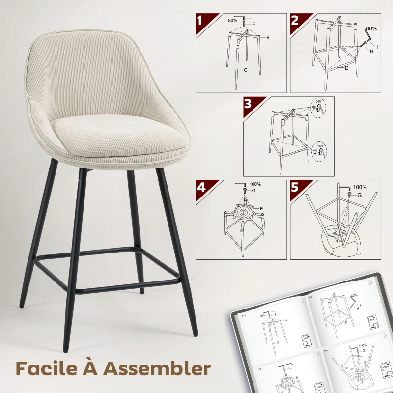 HOMCOM Lot de 2 tabourets de bar en tissu velours côtelé, chaises de bar avec dossier courbé, repose-pieds, 49x52x88cm, crème
